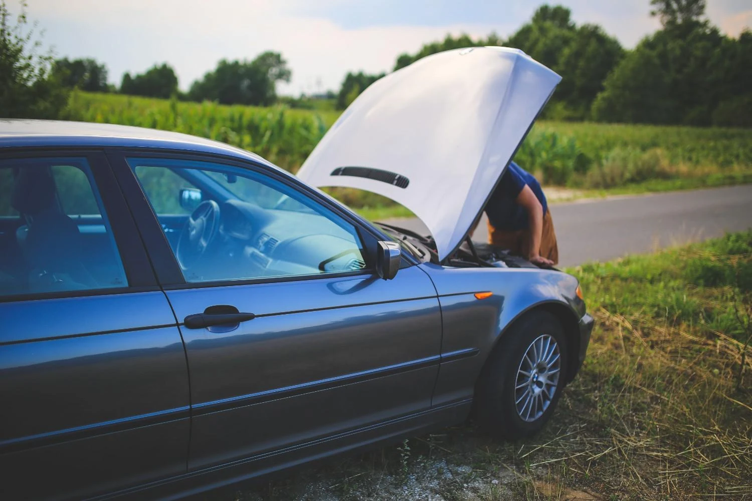 A person looking under the hood of a car parked on the side of a rural road, surrounded by fields.
